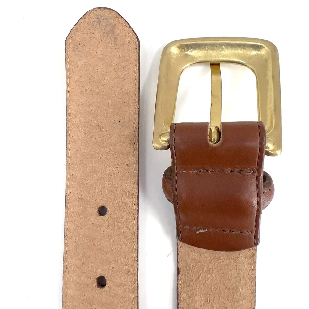 Lands End Mens Brown Leather Belt Solid Brass Buckle Made in‎ USA Size 30